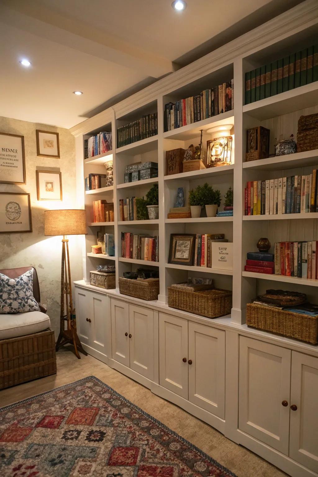 Vertical storage shelves use small spaces efficiently.