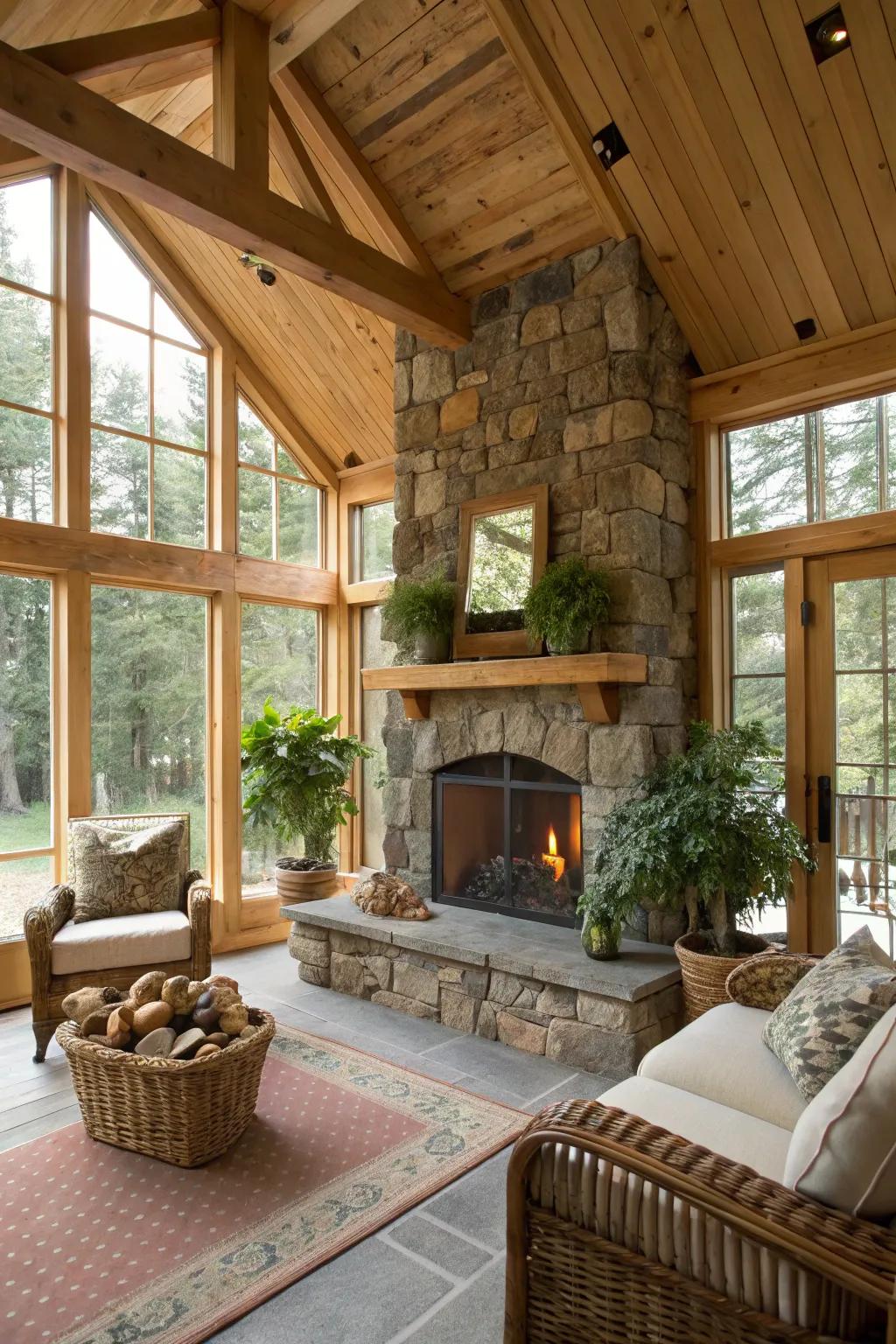A stone hearth introduces warmth and a touch of rustic beauty to any glass room.