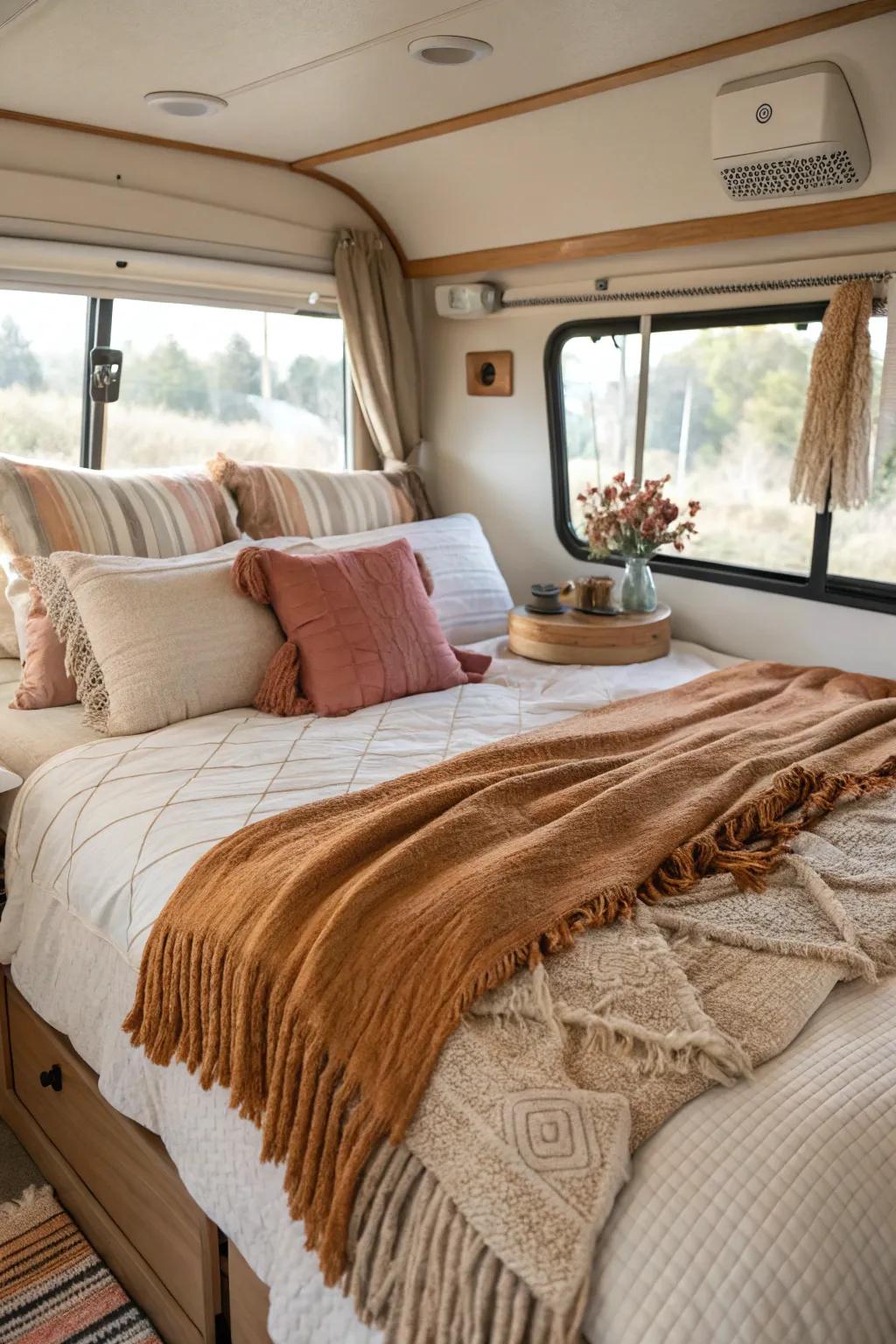 Layering textiles in your RV bedroom provides additional warmth and a cozy atmosphere.