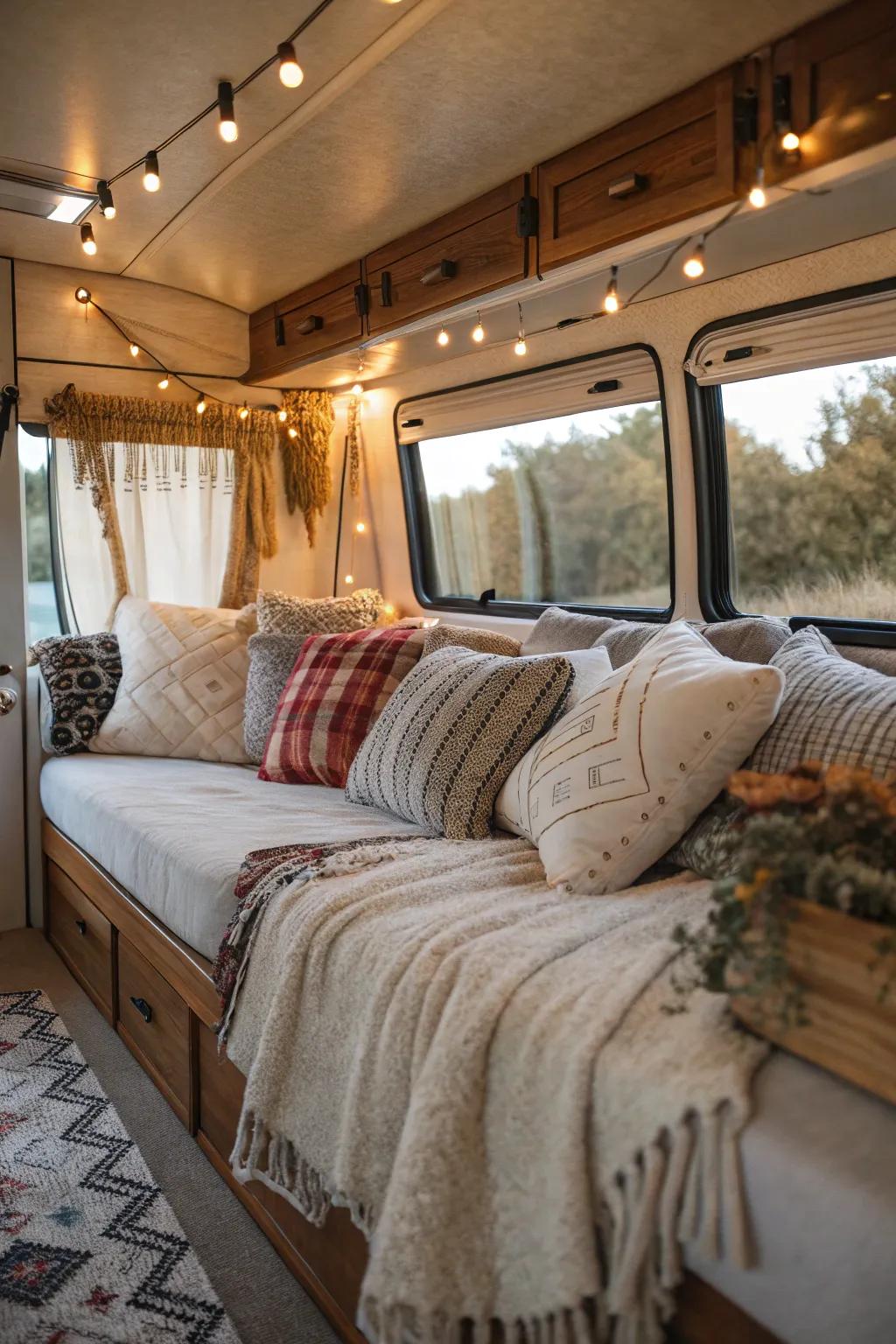 Textiles introduce a layer of warmth and comfort, transforming your RV into a homey retreat.