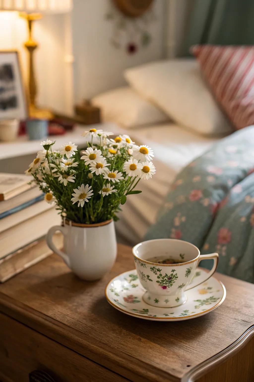 A classic cup is an ideal small container for delicate flowers.
