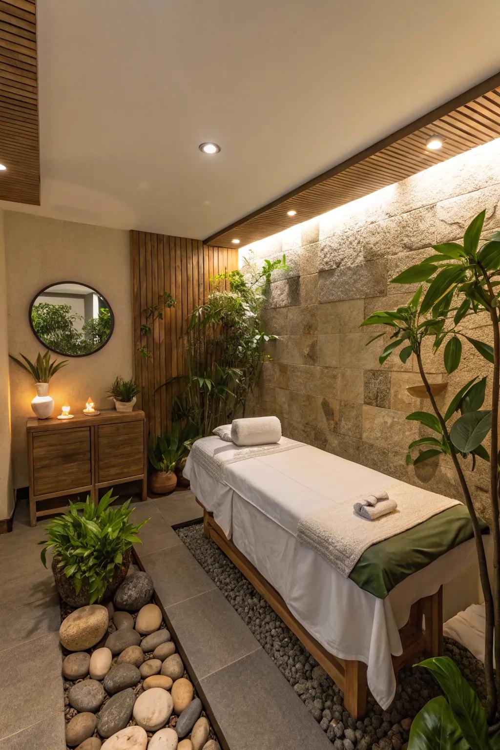 Natural aspects such as verdant life and unrefined rocks within a spa area