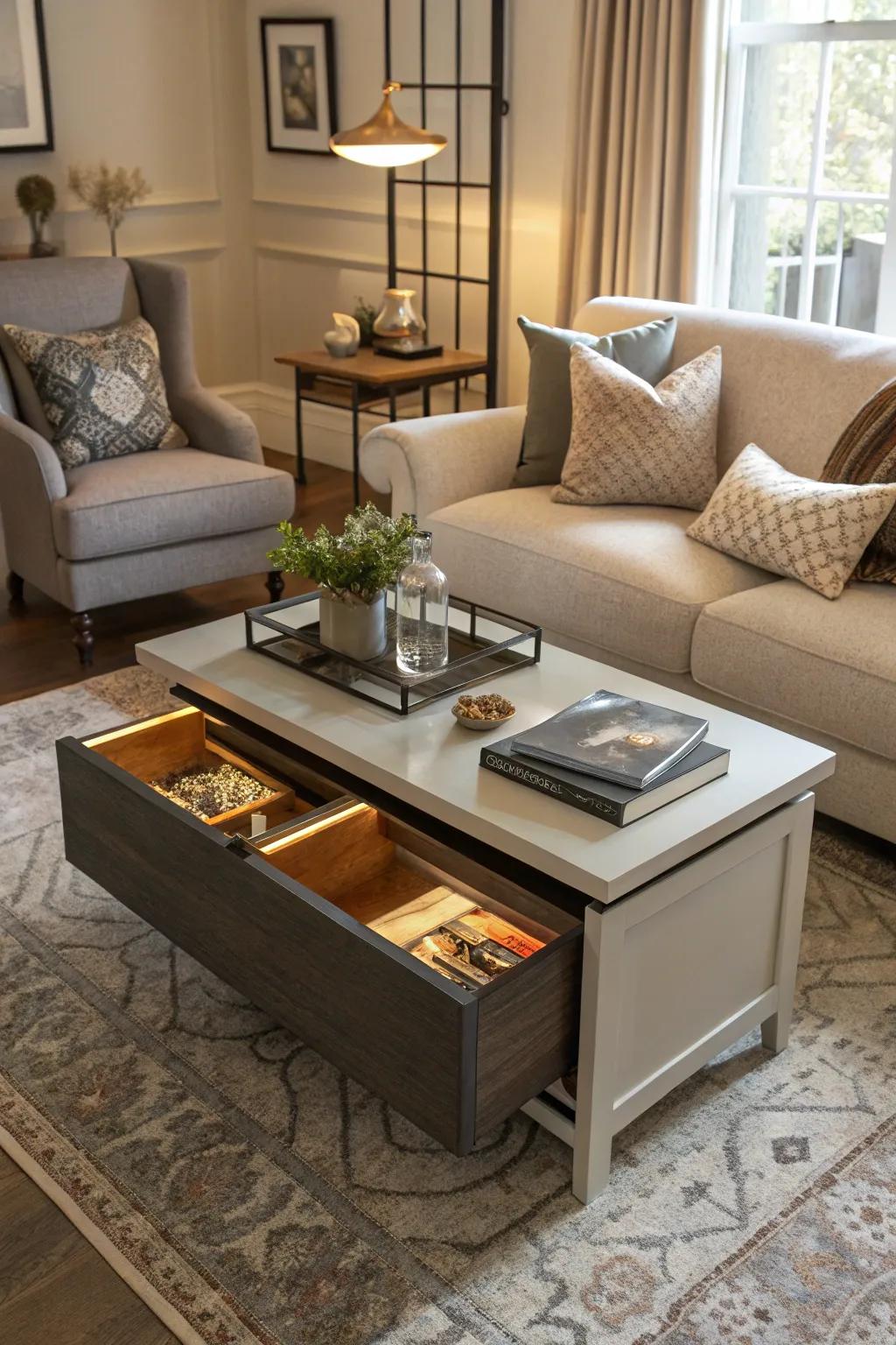 Adaptable furnishings provide both style and storage.