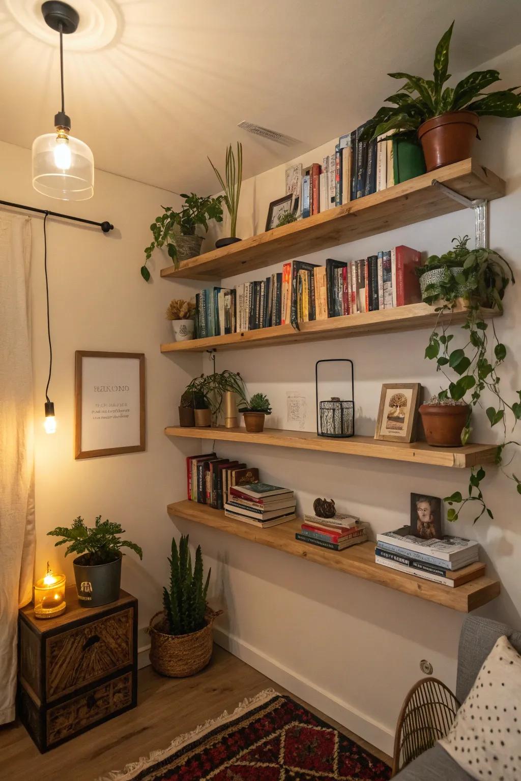 Wall-mounted shelves provide stylish and effective storage in limited spaces.