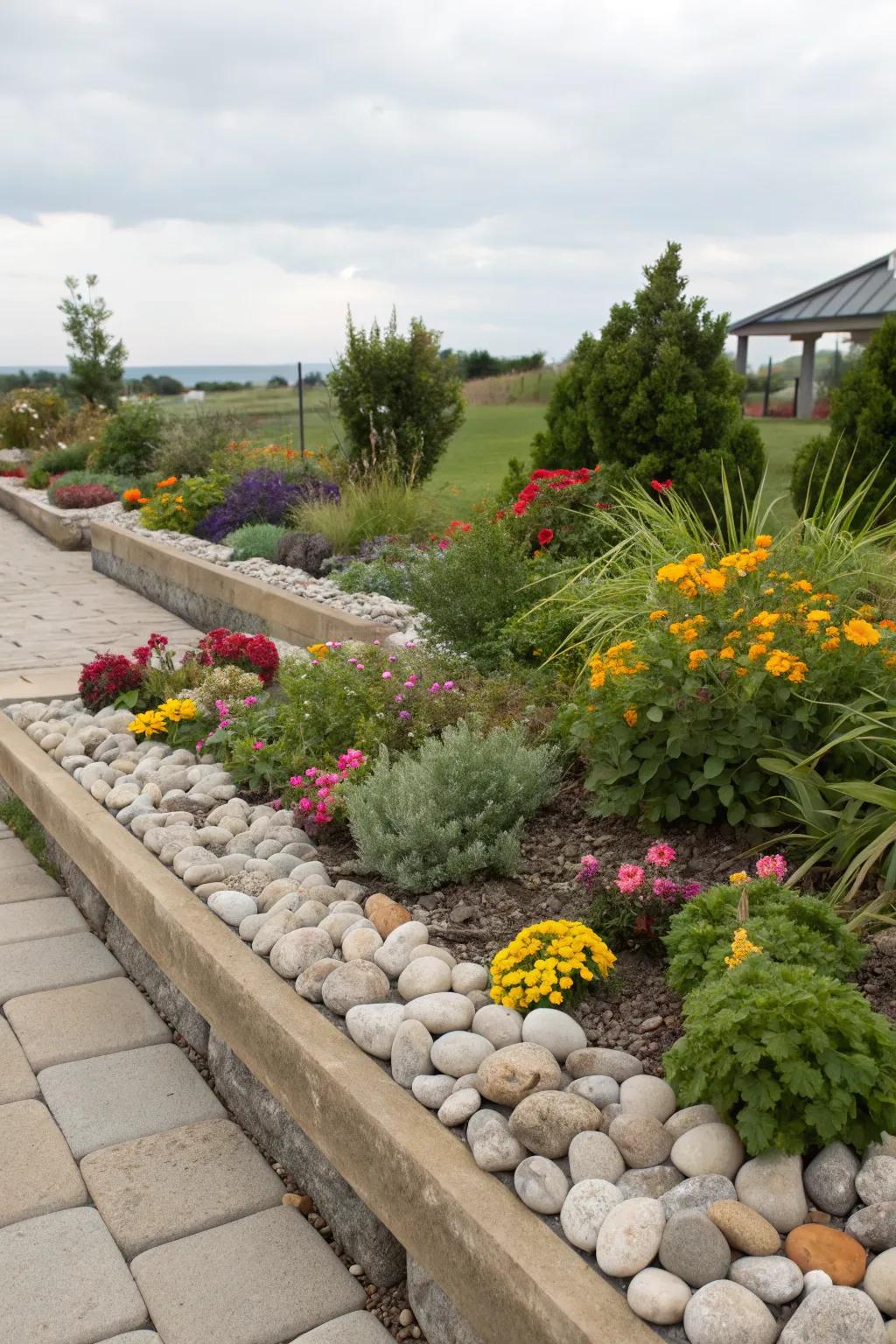 Elegant rock-trimmed planting spaces brimming with spirited flora.