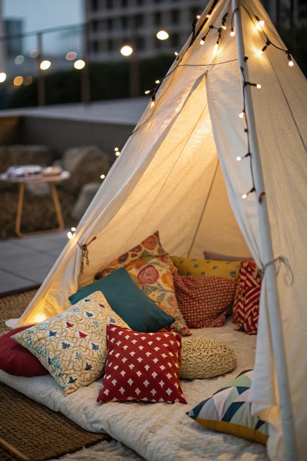 A gentle and welcoming tent space featuring opulent pillows.