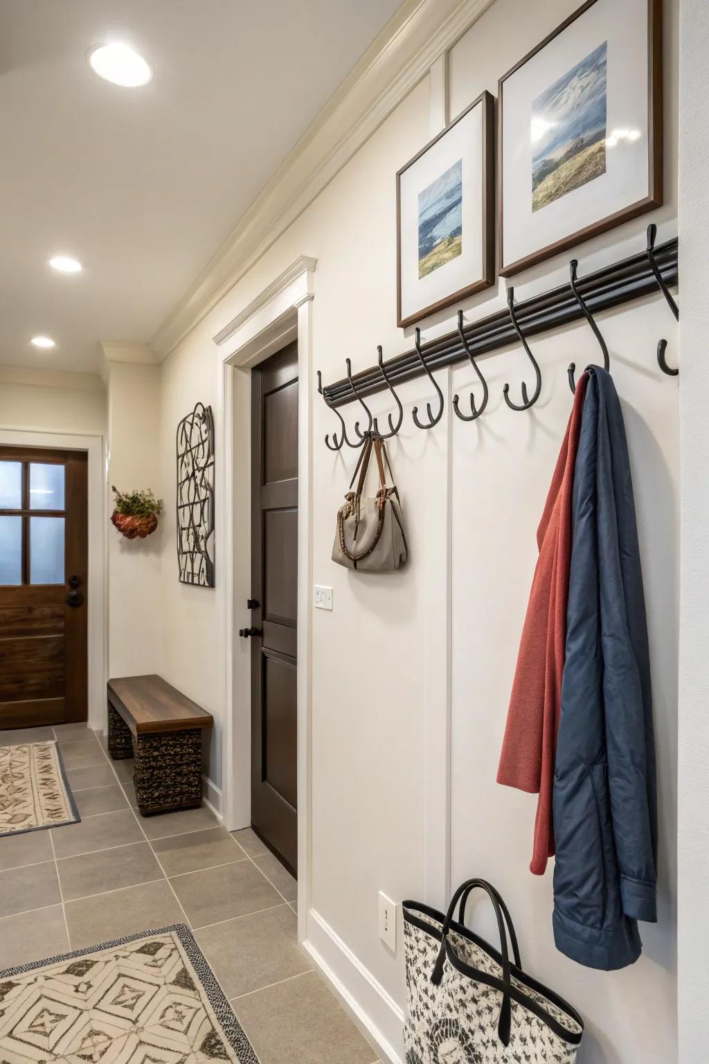 A beautifully arranged entryway featuring useful and fashionable elements.