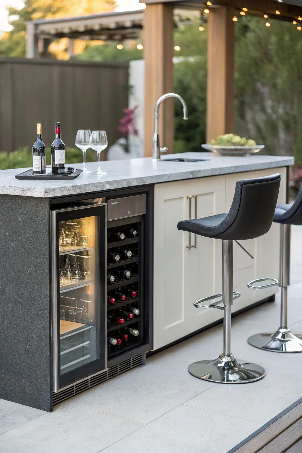 A modern, petite wet bar displaying an incorporated beverage chiller.