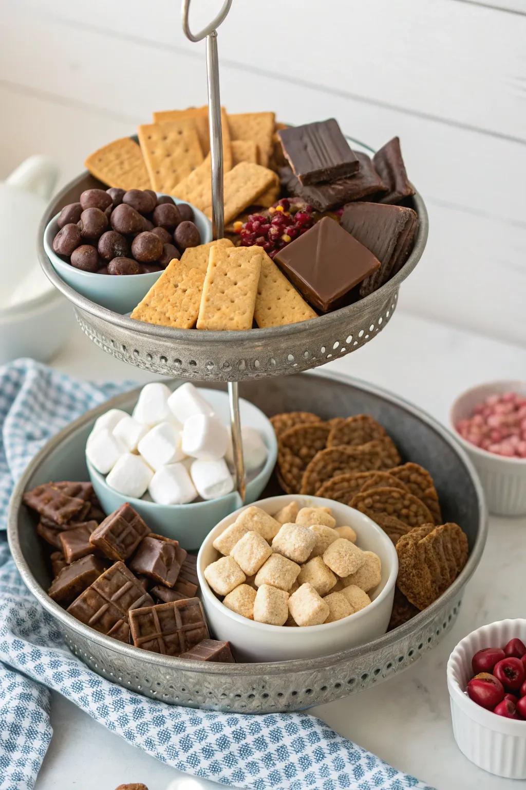 Staged sweet tables provide a visually attractive way to present s'mores components.