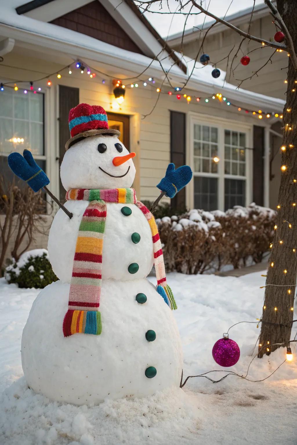 A Frosty warmly clad in vibrant winter accessories.