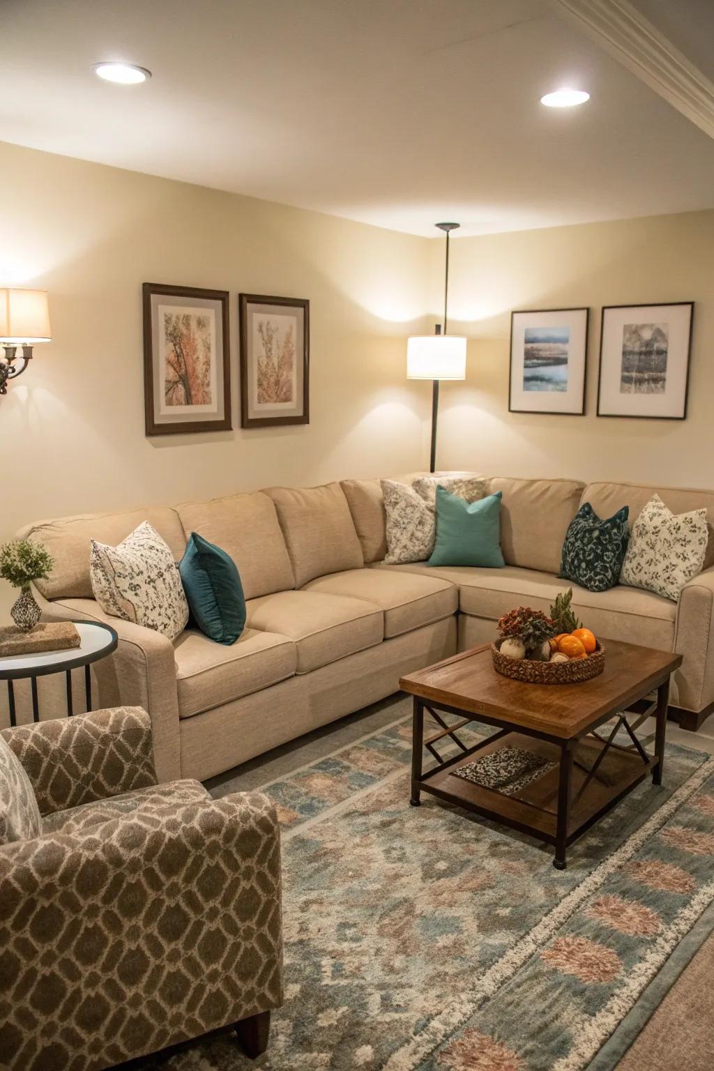 A corner sectional sofa optimizes the space of this living room.