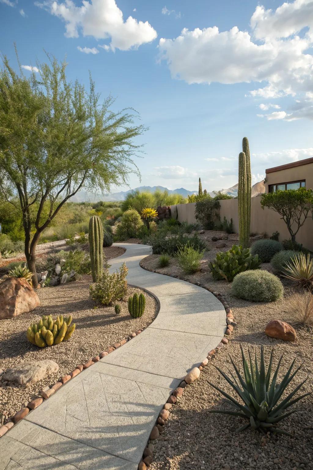 A beautiful pebble path that enhances the southwestern garden.
