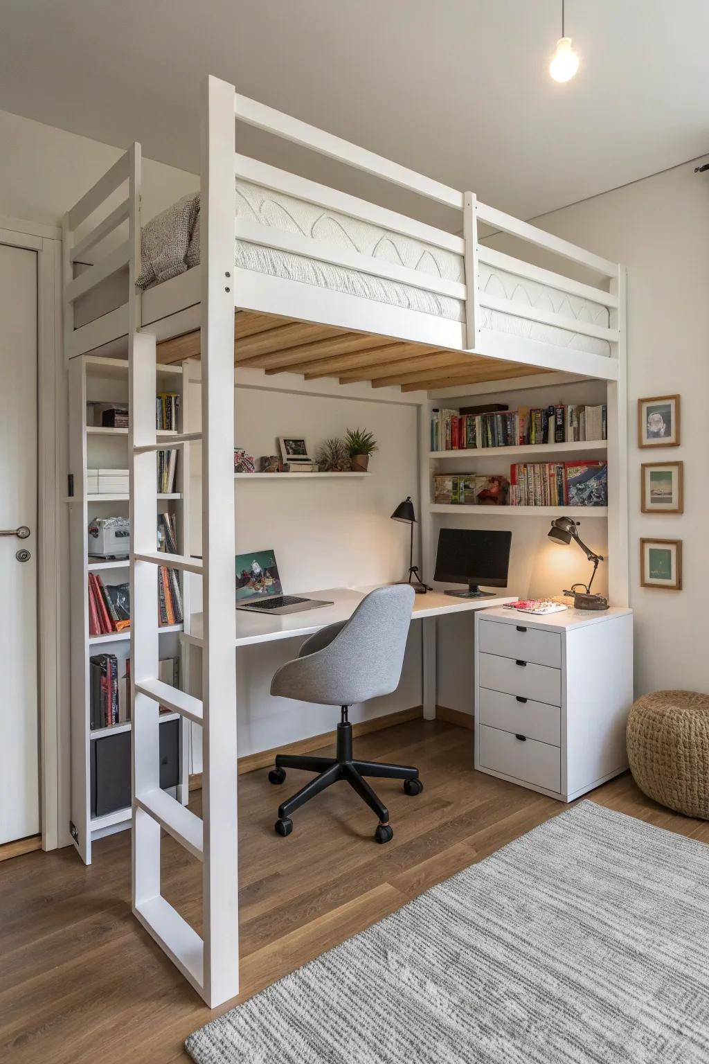 Elevated bed with a work area positioned below