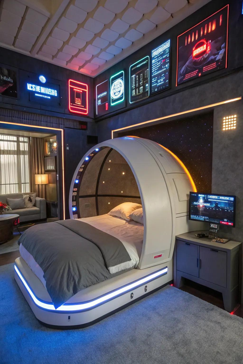 A space capsule bed that becomes the room's focal point.