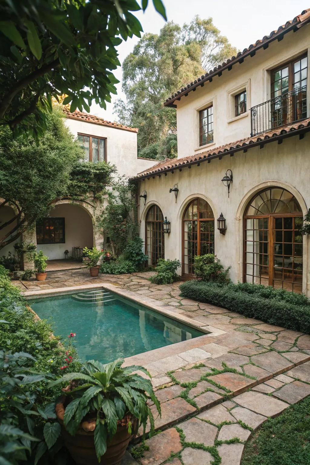 Elegant arches enhance the views within this Spanish-style garden getaway.