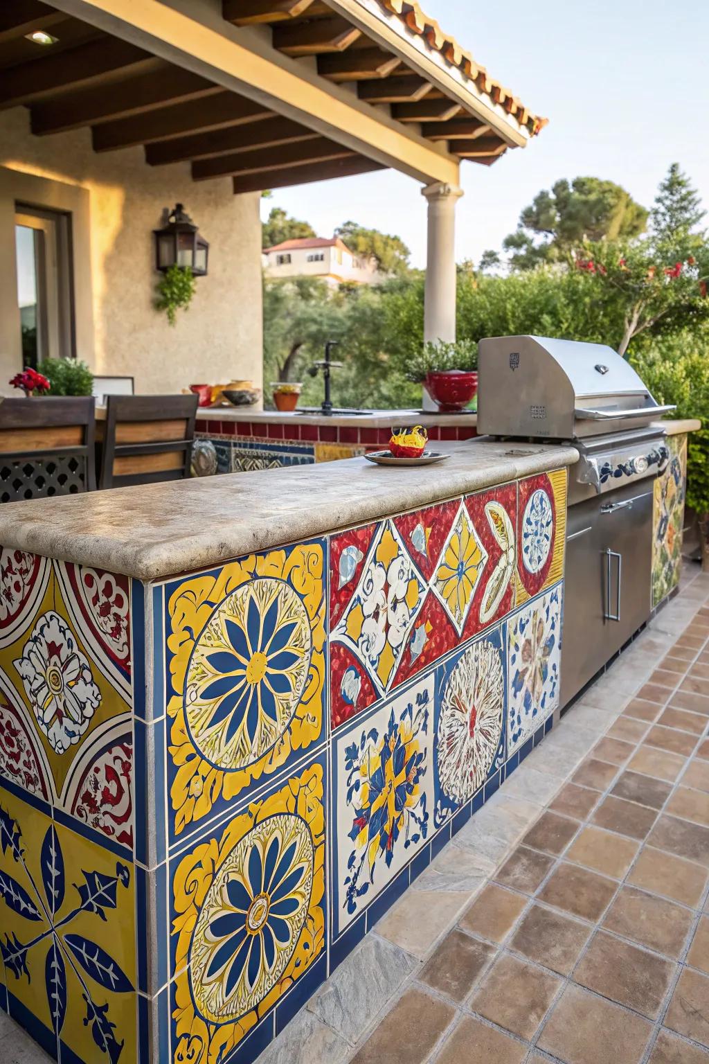 Vibrant Spanish tiles introduce a burst of color to this charming outdoor kitchen.