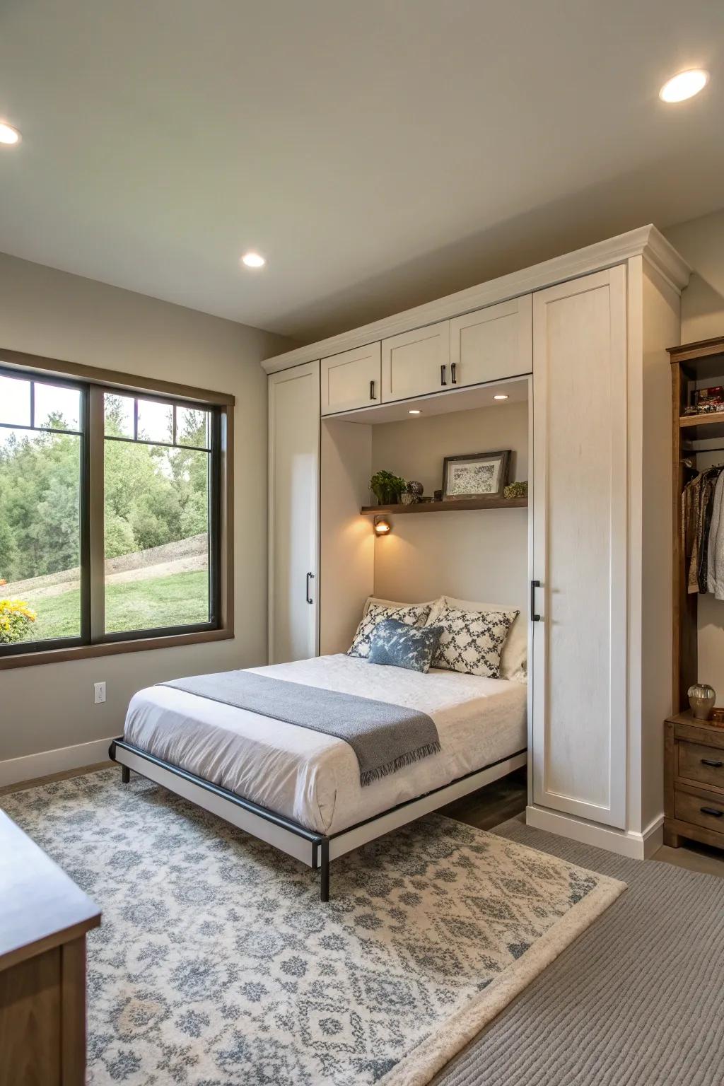 A foldaway bed maximizes space while providing comfortable accommodations for guests.