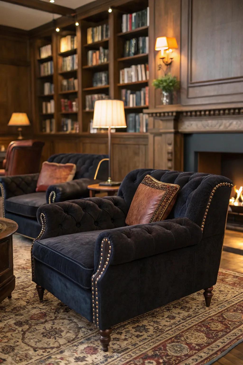 Velvet and leather generate an opulent and inviting atmosphere.