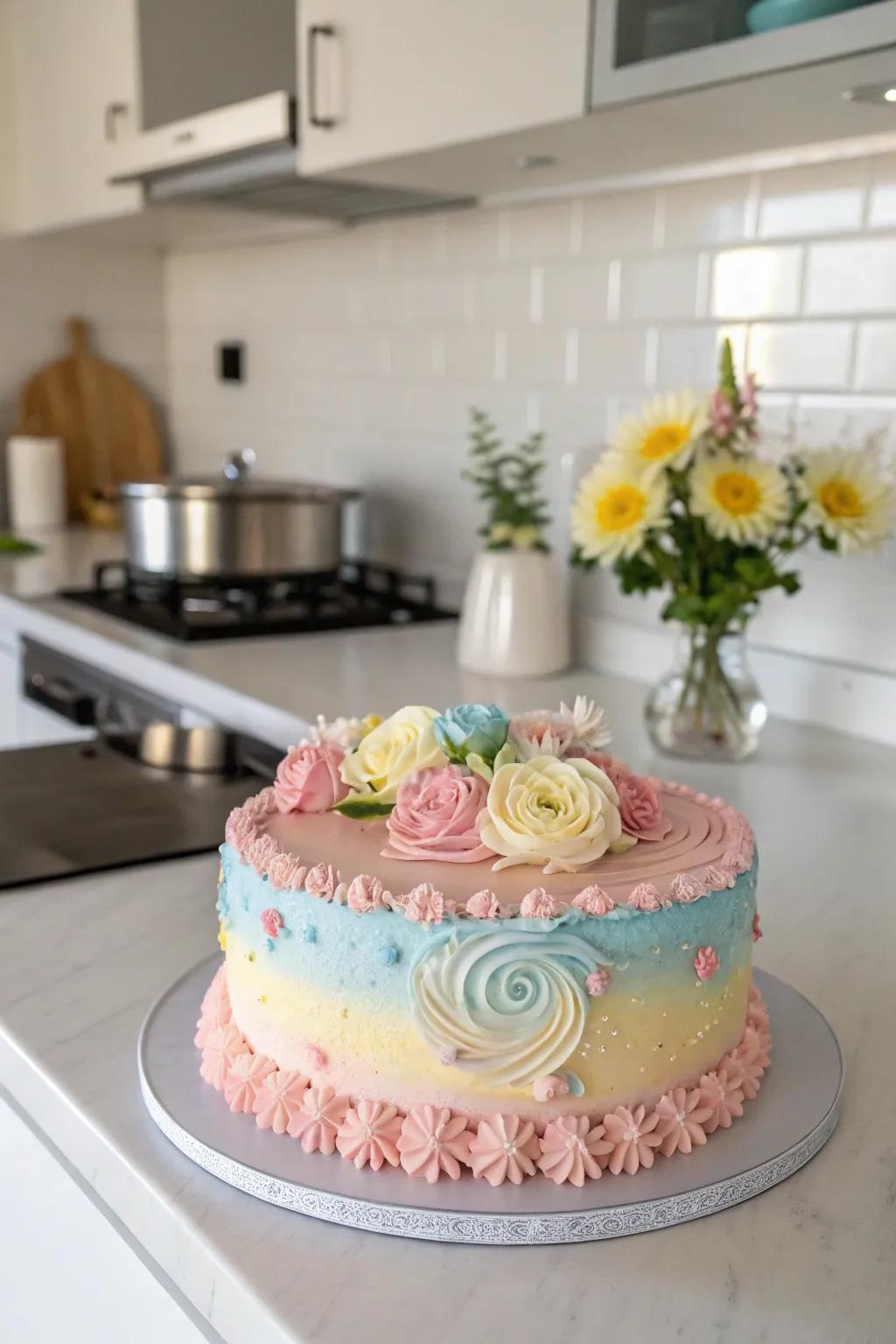 A pastel-colored cake that is perfect for spring birthdays.