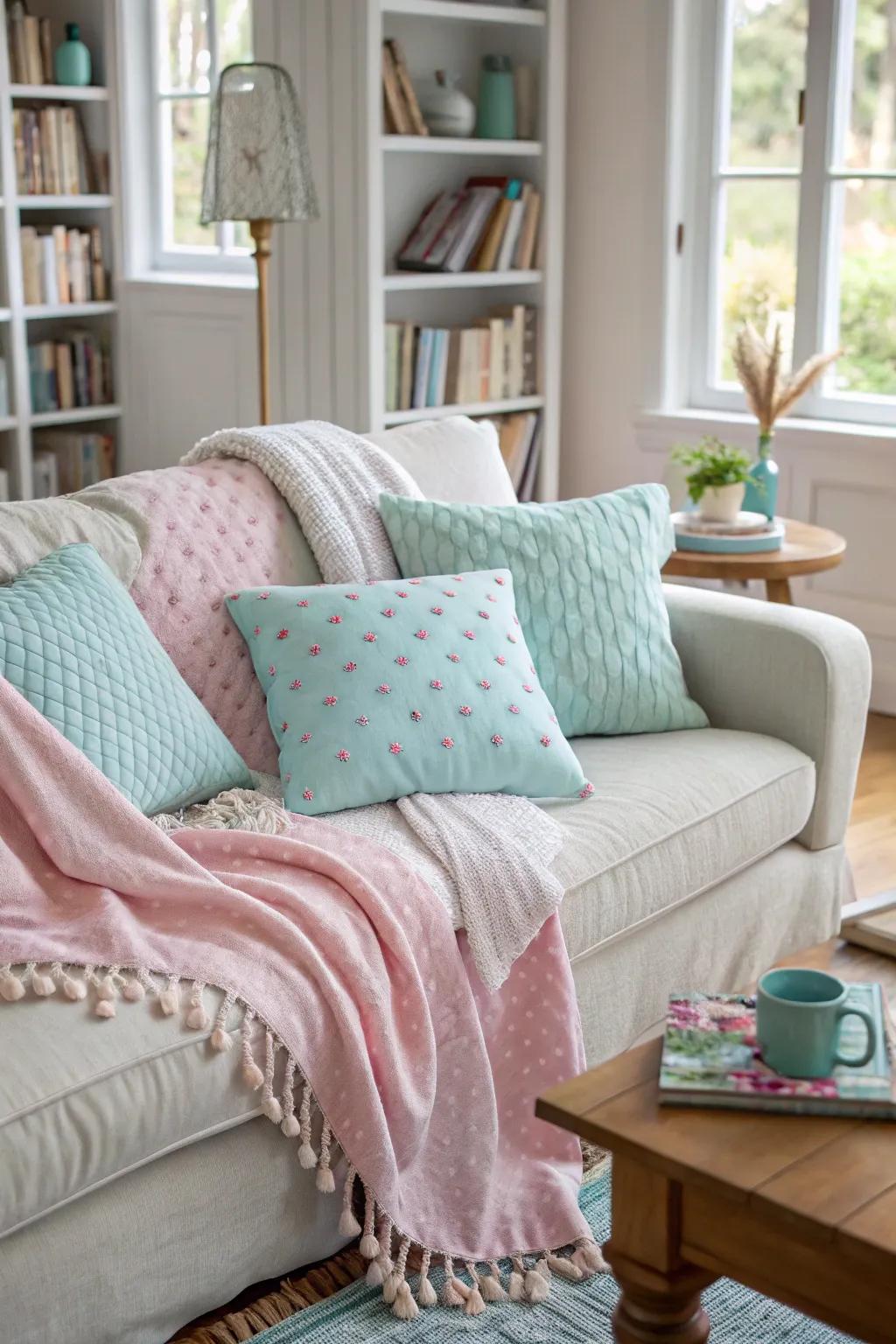 Gentle hues delicately infuse spring into the living area.