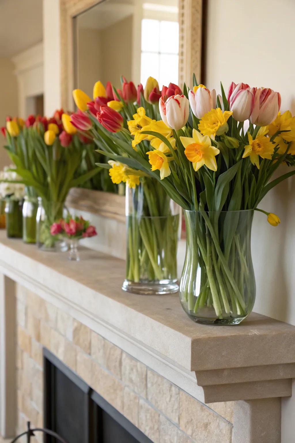 A vibrant burst of spring adorns the mantel with tulips and daffodils.