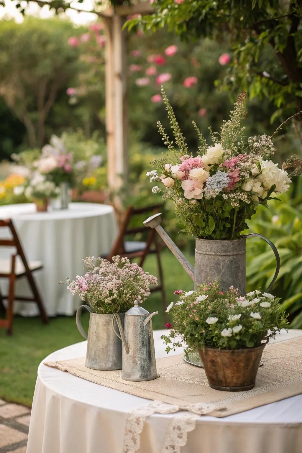 Floral centerpieces in vintage containers add a whimsical touch.
