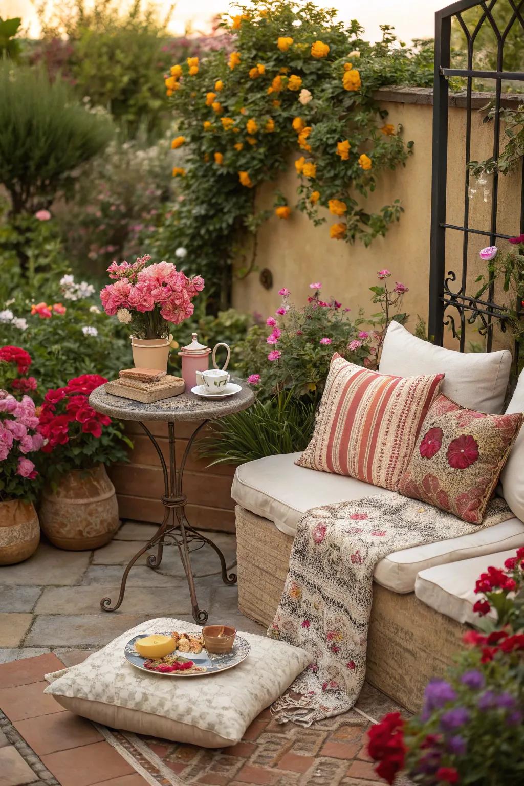 A peaceful outdoor retreat is perfect for enjoying morning coffee while admiring the garden.