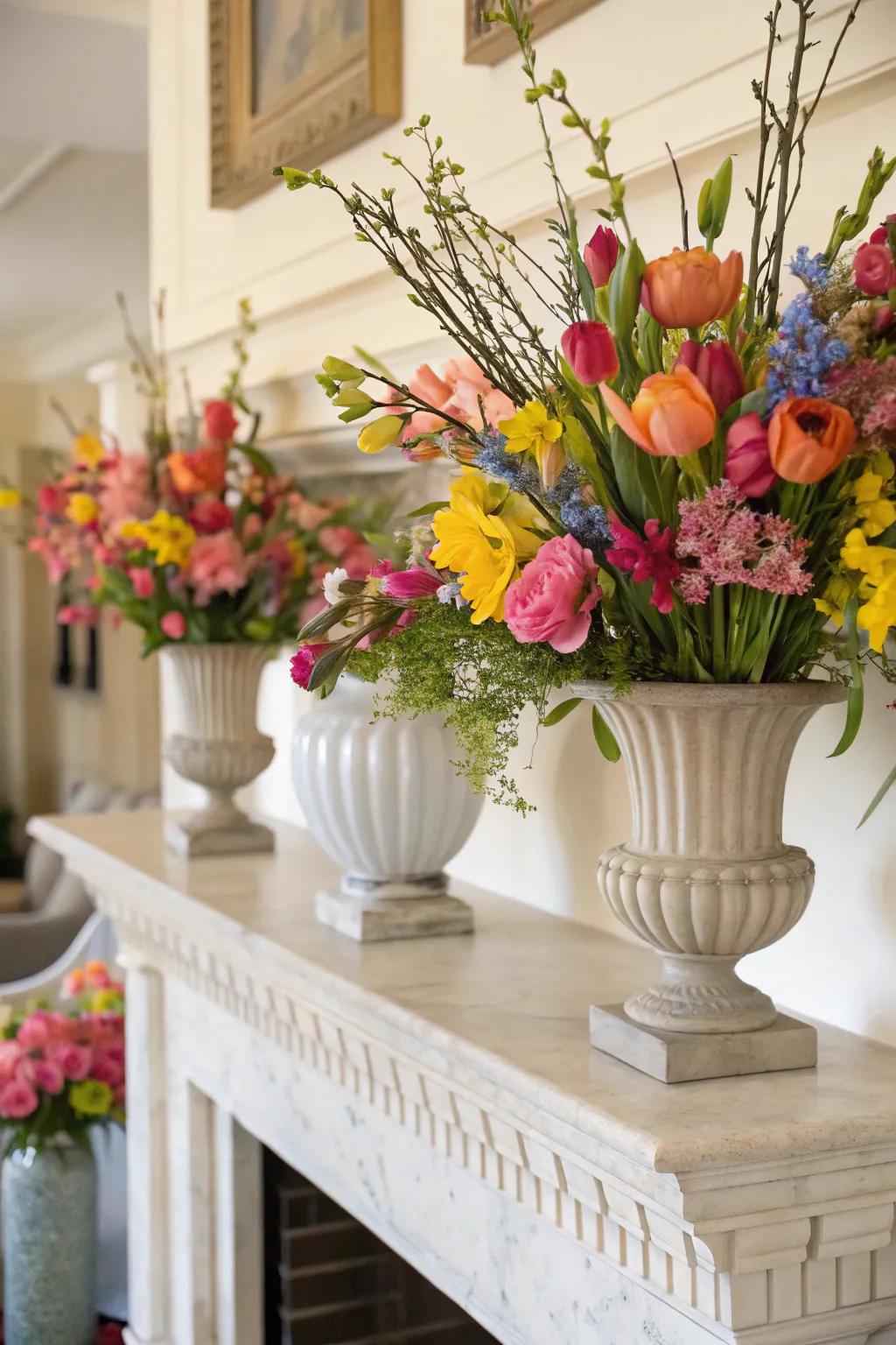 Lively floral arrangements infuse your mantel with color and vitality.