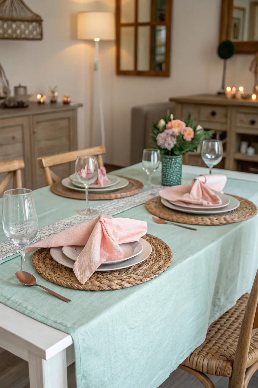 Subtle tones establish a peaceful springtime dining atmosphere.
