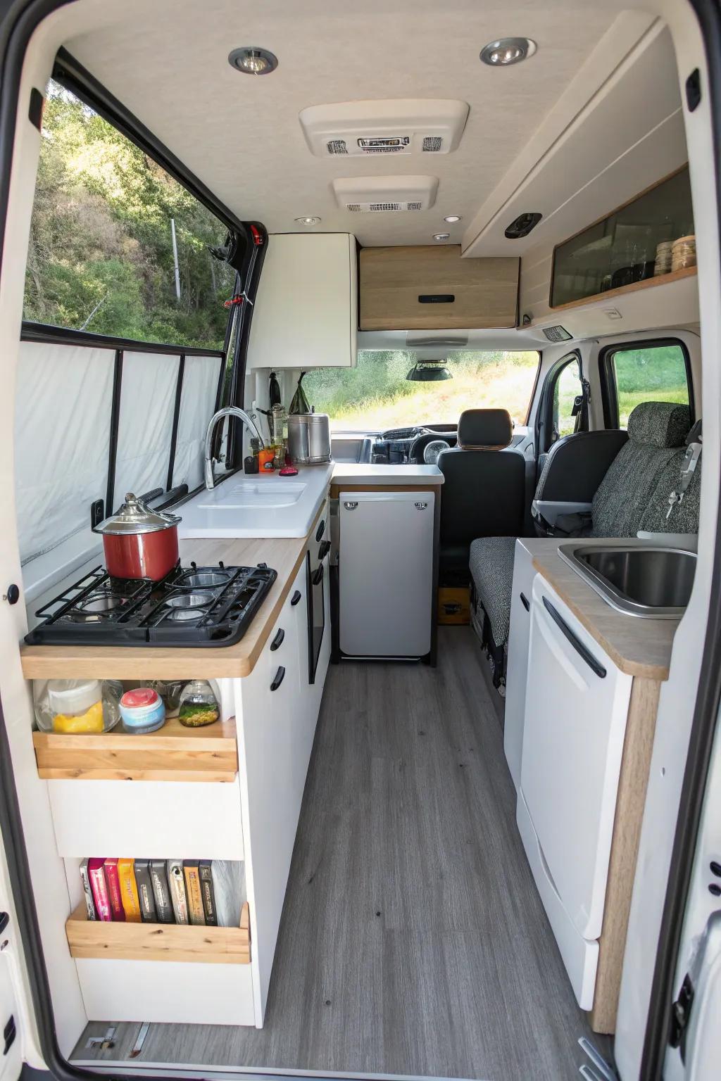A compact, well-organized kitchen in a Sprinter van.