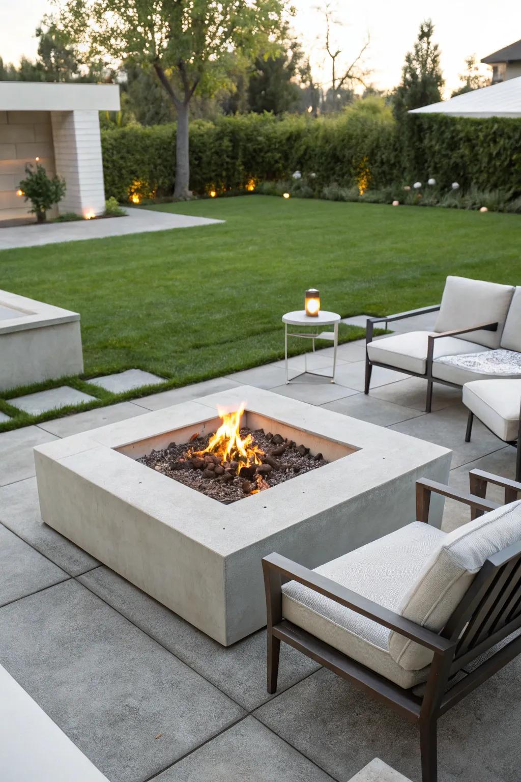 A modern cement hearth brings an element of contemporary class to any patio.