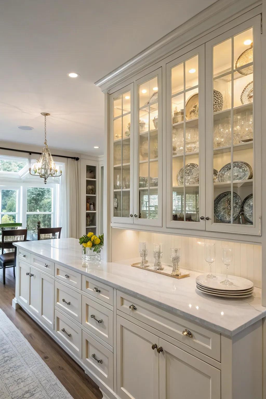Glass-fronted cabinets establish an attractive area by presenting gorgeous serveware.