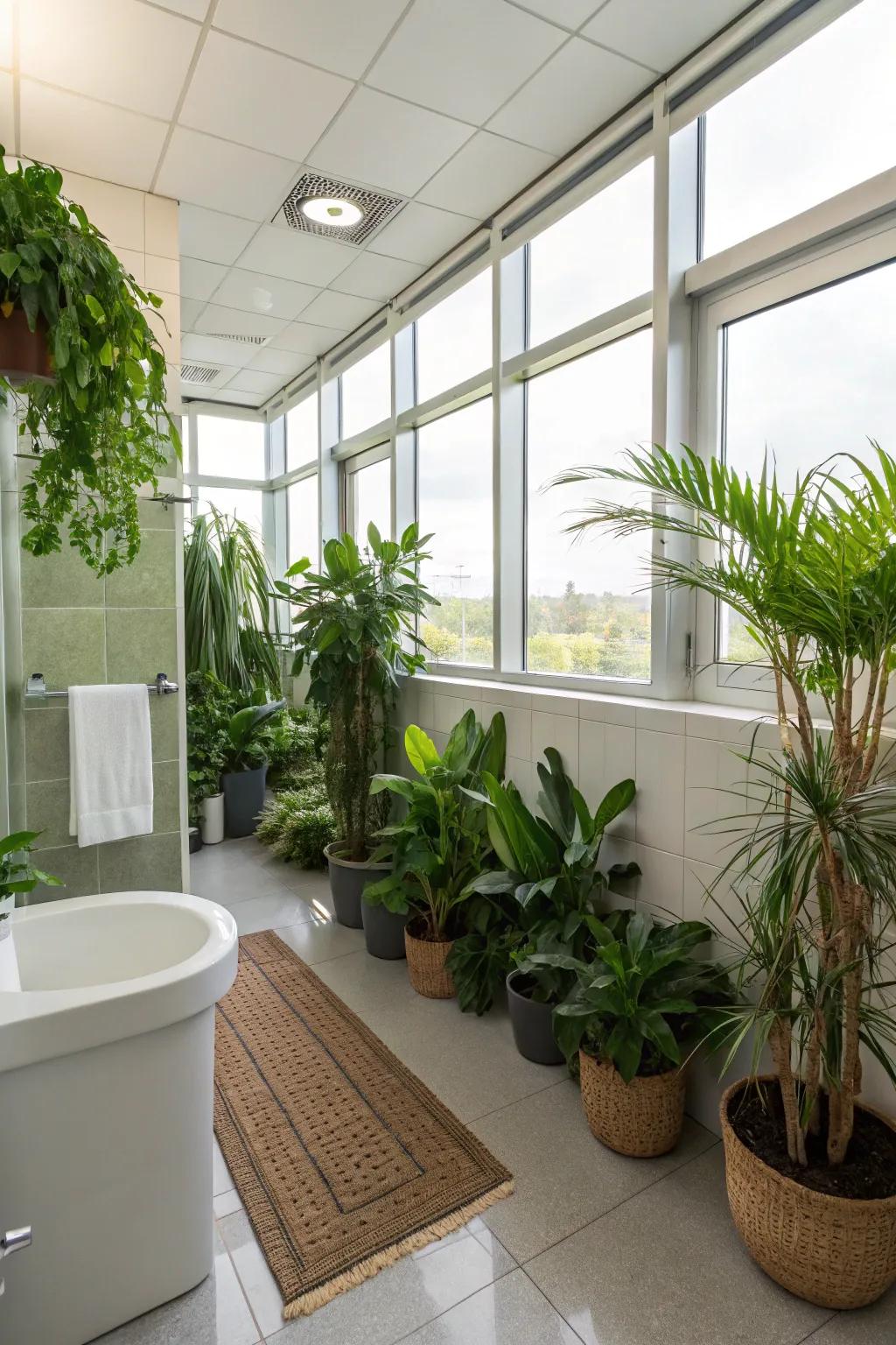 Thick greenery gives this employee bathroom a refreshing vibe.