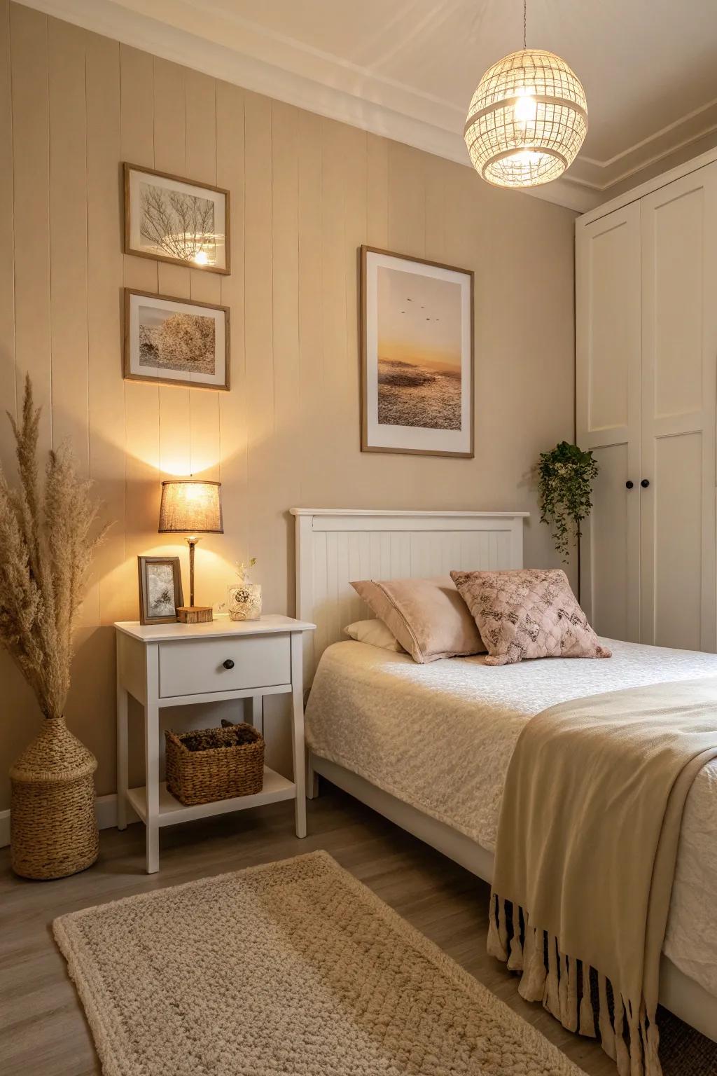 Neutral shades cultivate a pleasant and versatile environment.