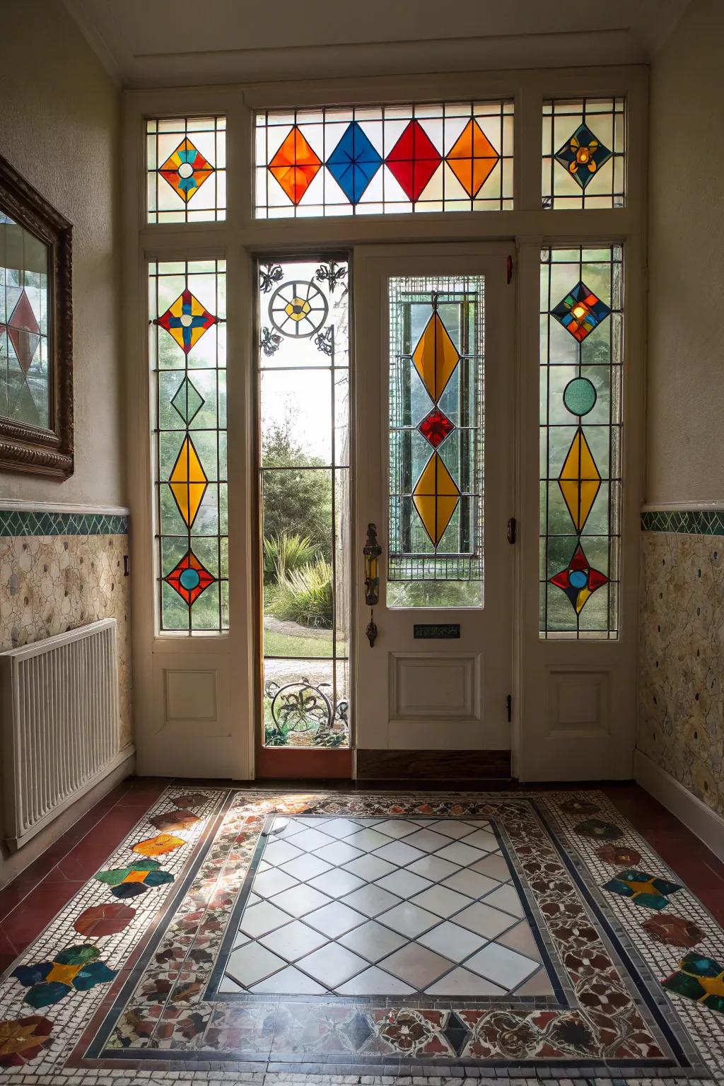 Geometric stained glass panels create a striking impression at your home's entryway.