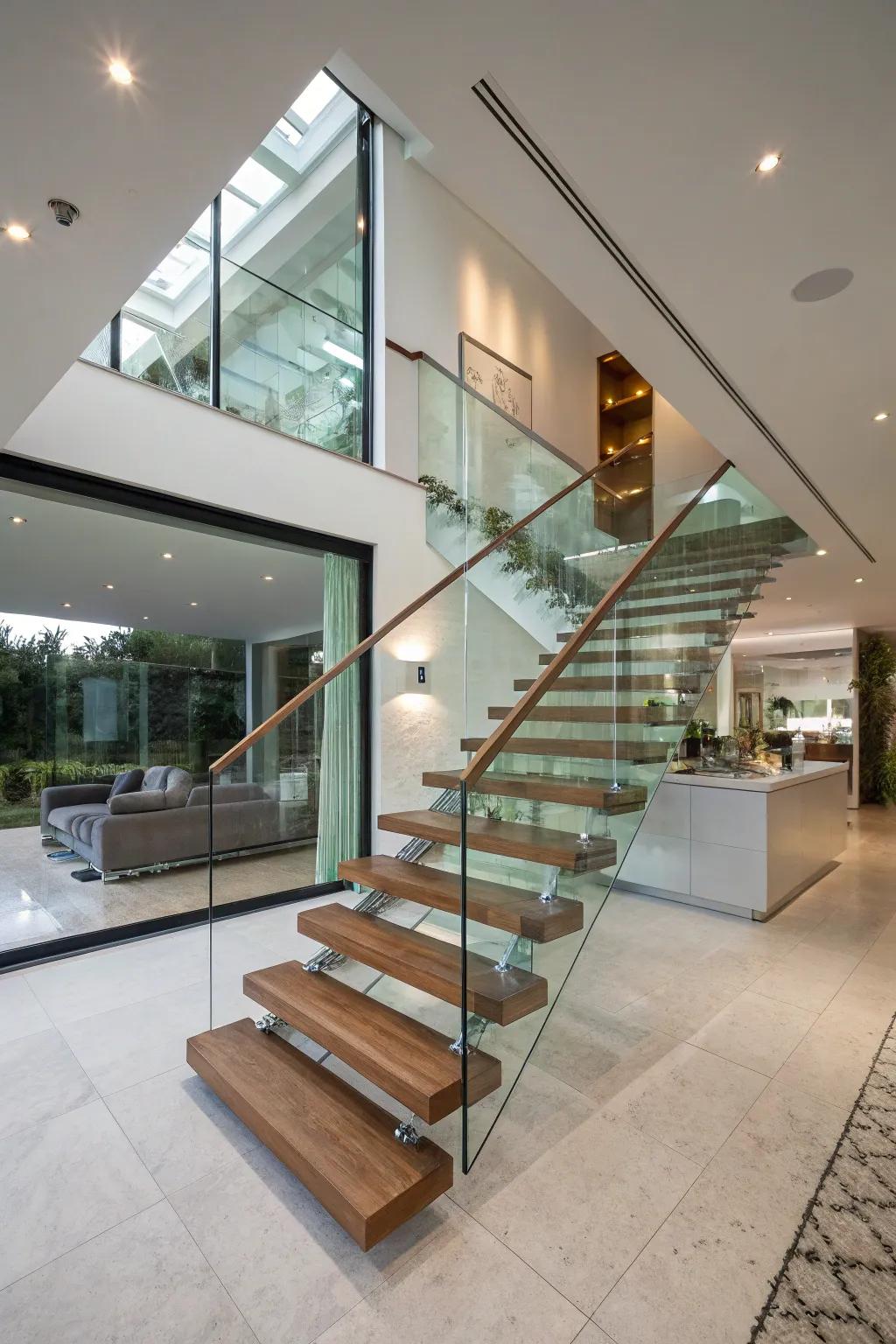 In this contemporary house, unsupported platforms produce an airy and spacious atmosphere.
