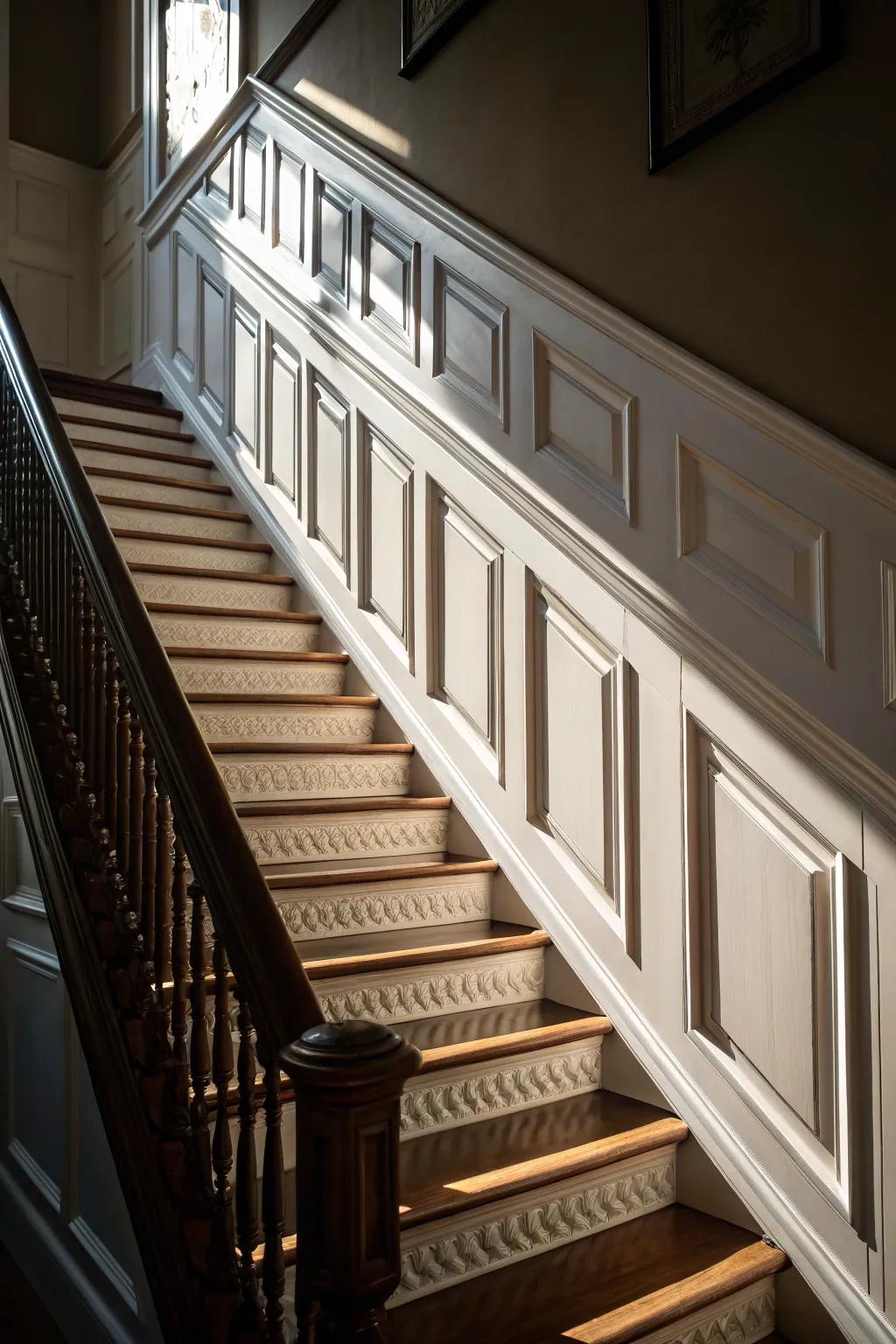 Sculpted paneling adds depth and refinement to your staircase.