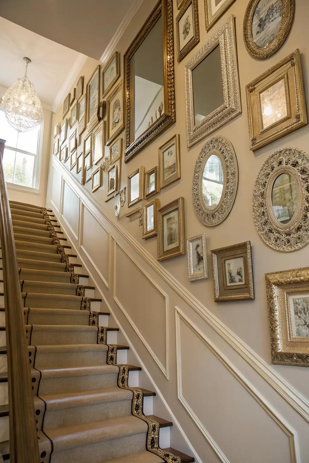 Mirrors enhance the stairway wall with grace and dimension.