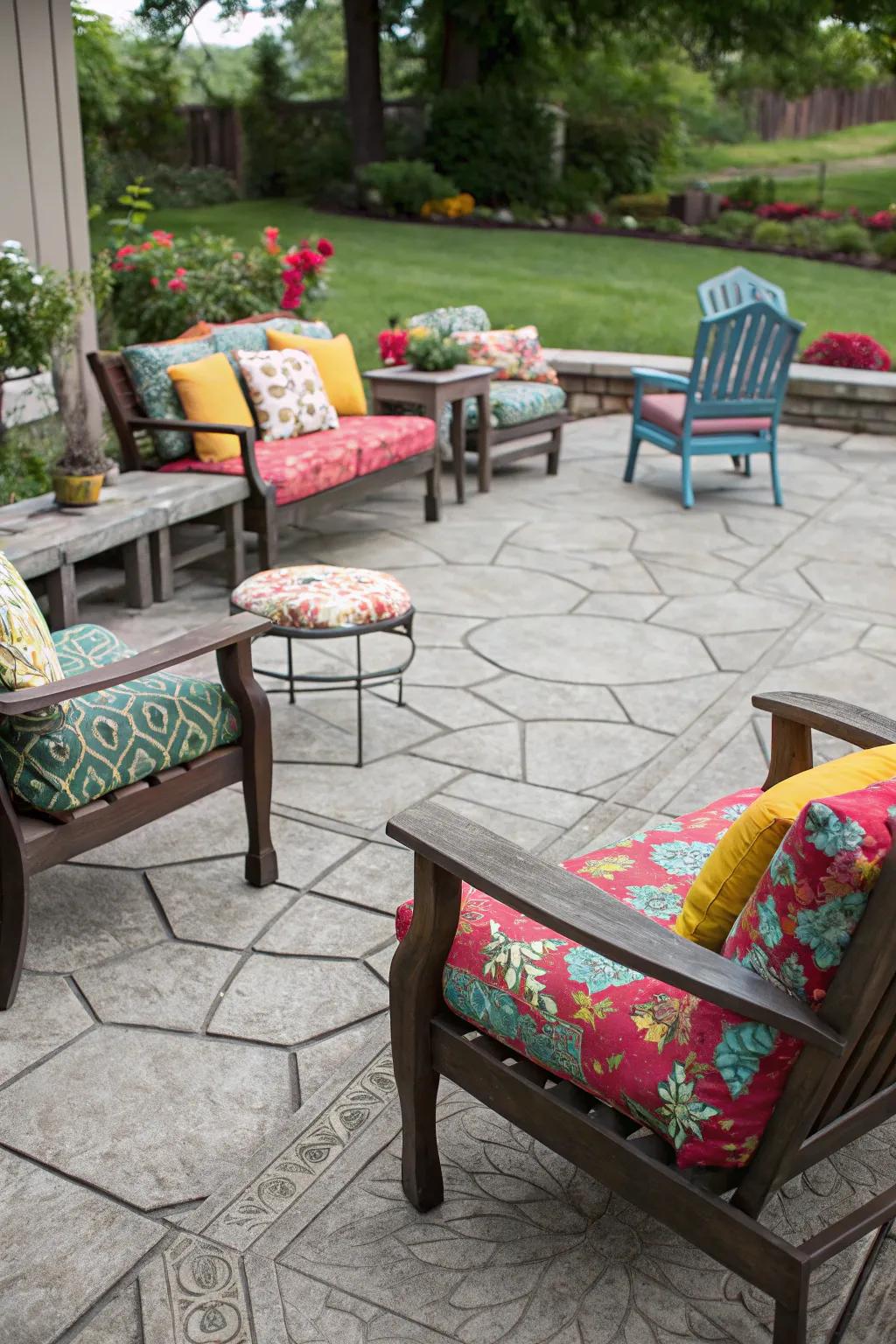 Comfortable outdoor seating decorates a stamped concrete patio.