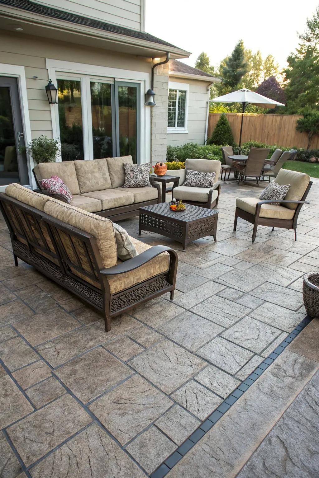 A stamped concrete patio featuring assorted social options for optimum leisure.