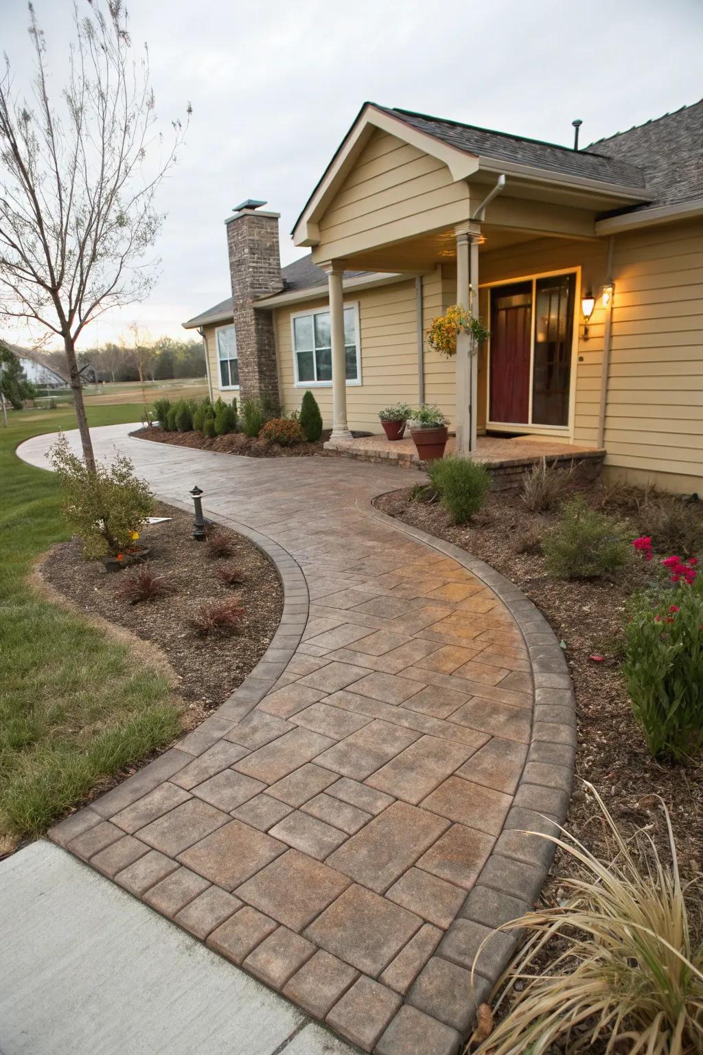 Capture rustic charm with a brick-patterned stamped concrete pathway.
