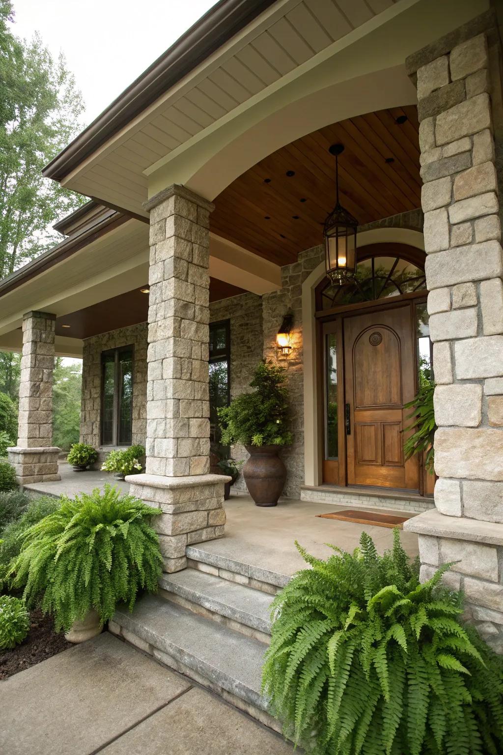 Stone pillars bestow a majestic charm upon your home's entrance.