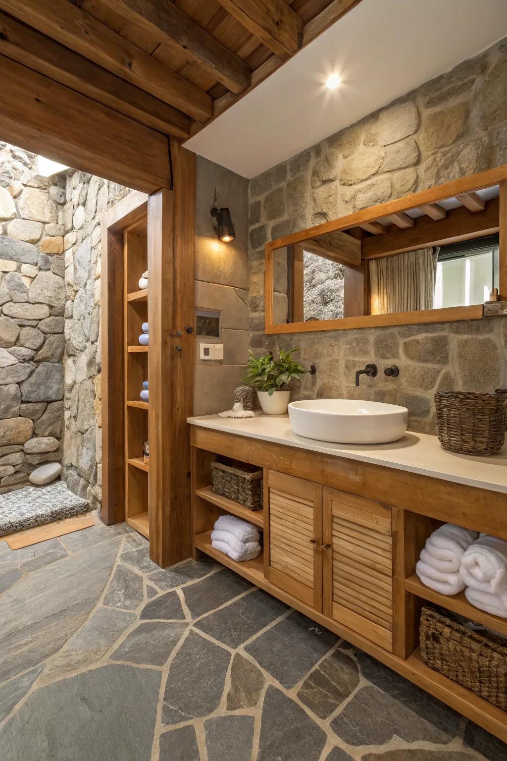 A bathroom that exhibits a fusion of stone and wood components with wooden shelving and stone floor.