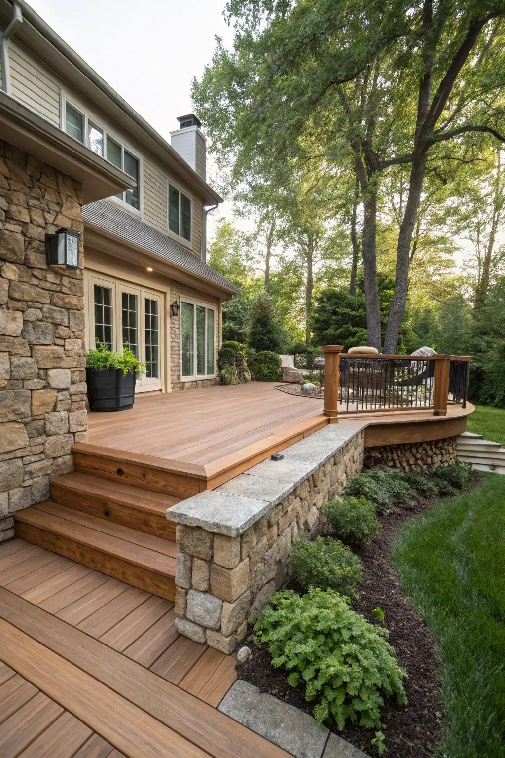 A balanced mix of rock and timber trim that infuses rustic charm into the deck.