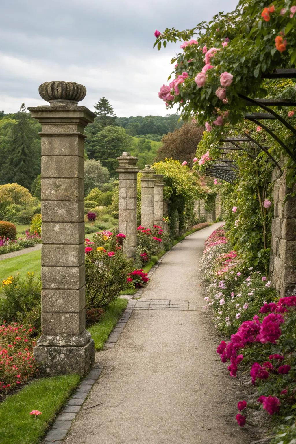 Craft an enchanting garden escape with stone pillars.