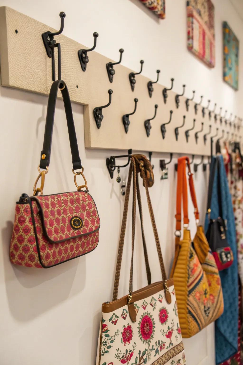 Decorative hooks elegantly displaying stylish handbags.