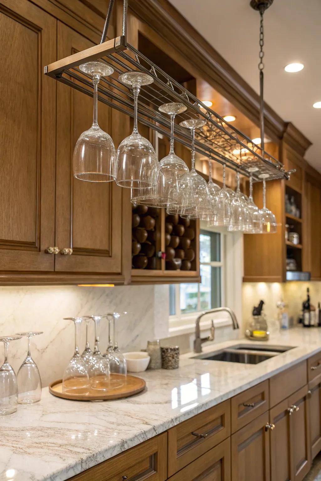 Hanging shelves provide an elegant and space-saving way to store stemware.