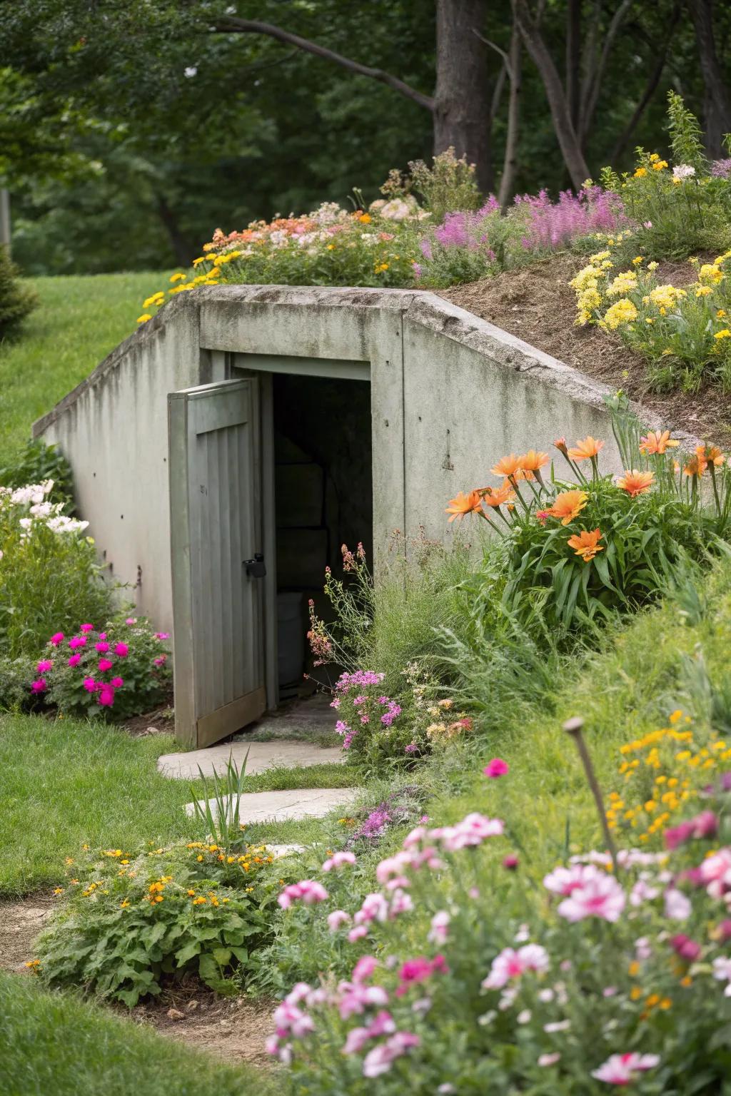 Bright blooms turn the storm shelter into an eye-catching, colorful attraction.