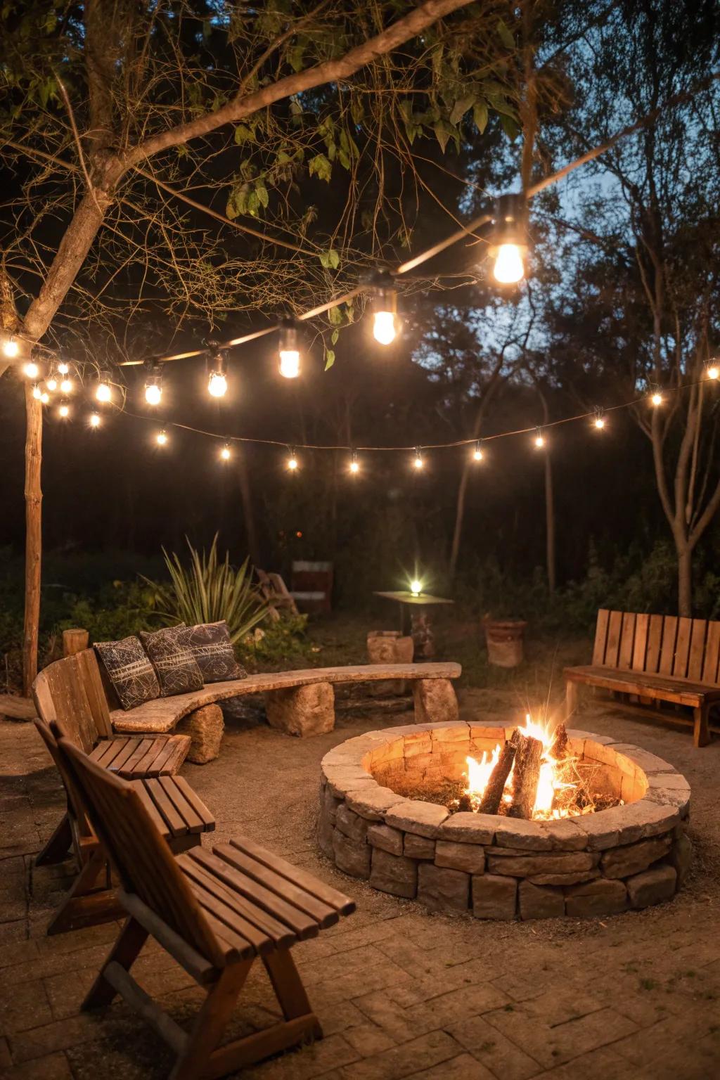 Retro bulbs cast a gentle, nostalgic radiance above the fire pit.