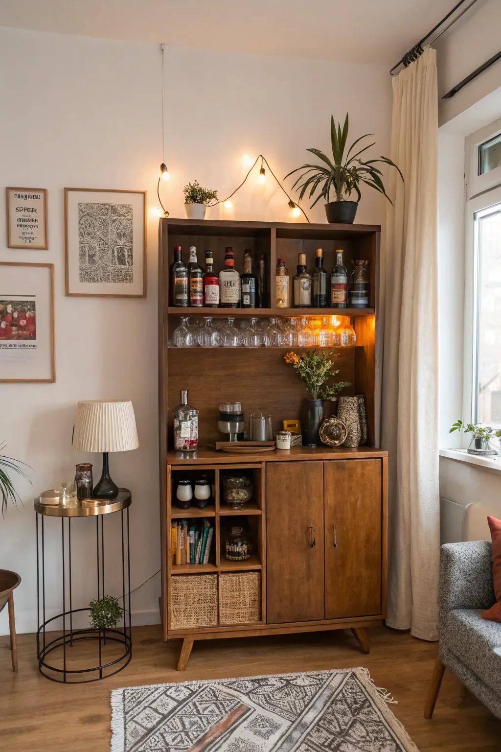 An adaptable cupboard merges storage and entertainment with ease.